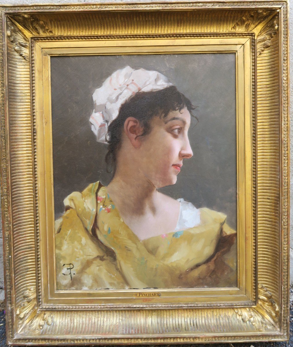 Portrait de femme au fichu  XIX monogrammé EP pour Emile Pinchart.