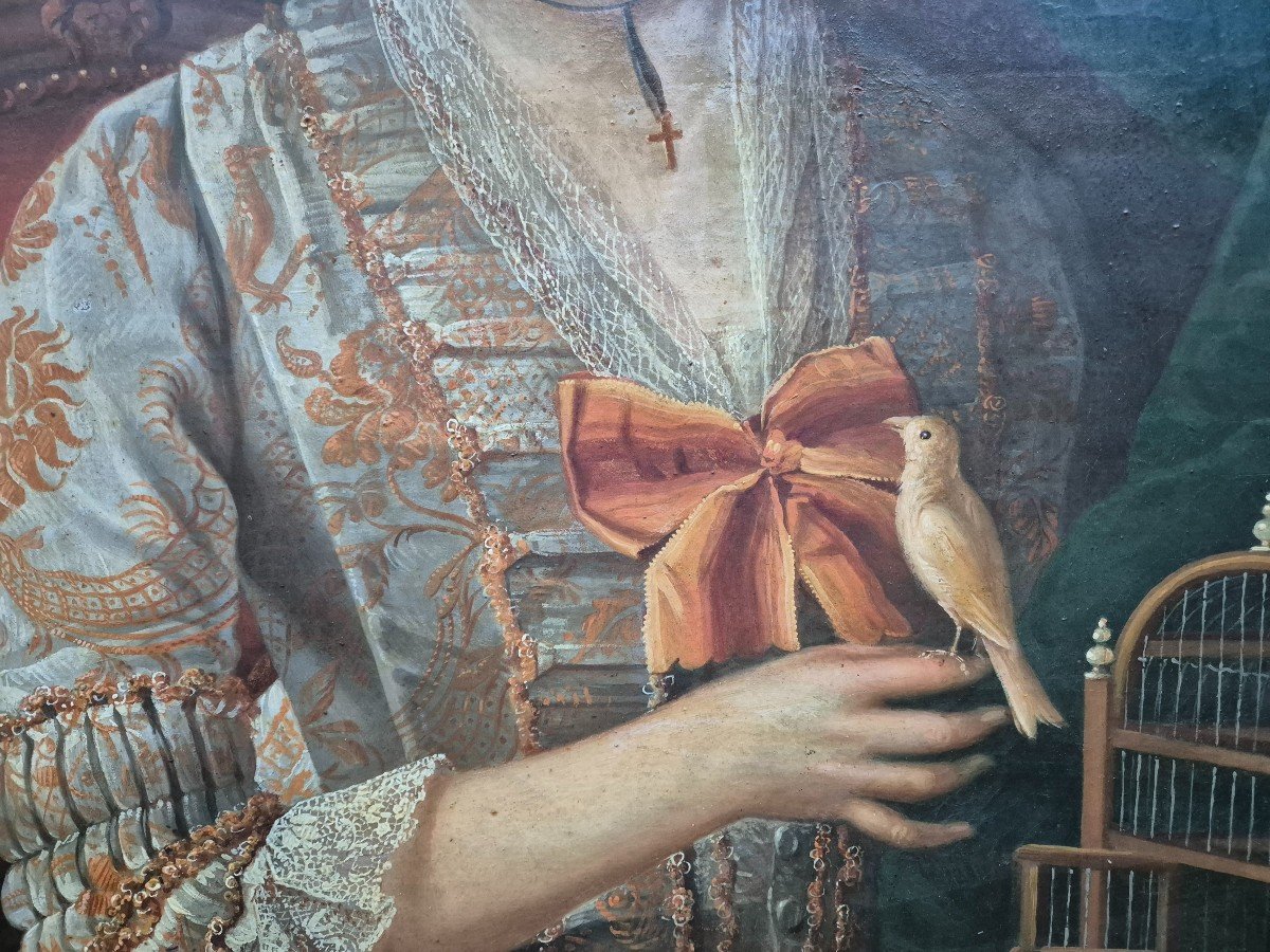 XVIII Century Portrait Of A Woman With A Birdcage.-photo-3