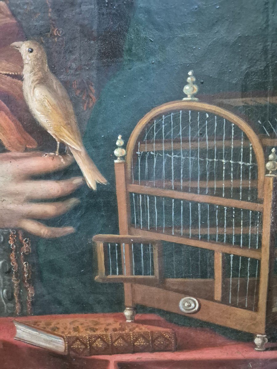 XVIII Century Portrait Of A Woman With A Birdcage.-photo-4