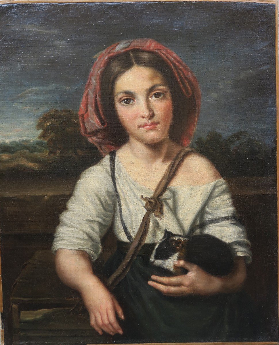 Portrait Jeune Femme Italienne Au Cochon d'Inde XIX