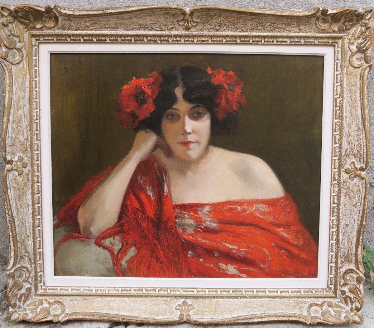 Portrait Of Woman With Poppies Circa 1900 And Signed Brindeau