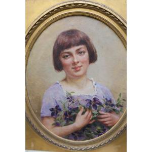 Portrait Young Girl With Bouquet Signed Théophile Louis Deyrolle