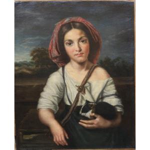 Portrait Jeune Femme Italienne Au Cochon d'Inde XIX