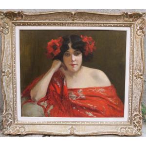 Portrait Of Woman With Poppies Circa 1900 And Signed Brindeau