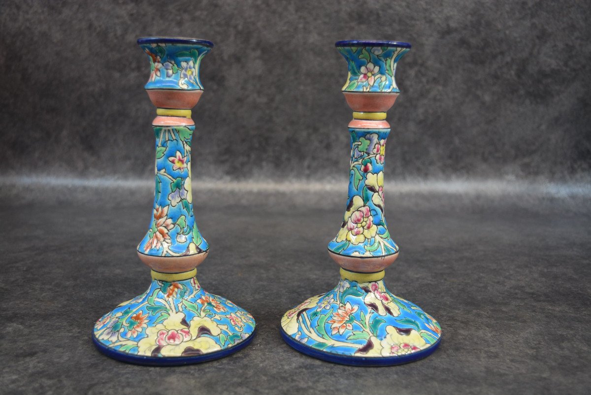 Pair Of Longwy Enamel Candlesticks-photo-4