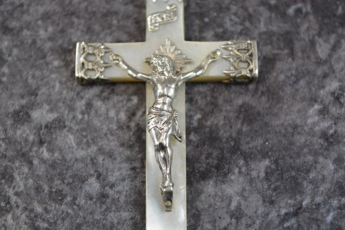 Large Religious Cross In Mother-of-pearl And Sterling Silver-photo-3