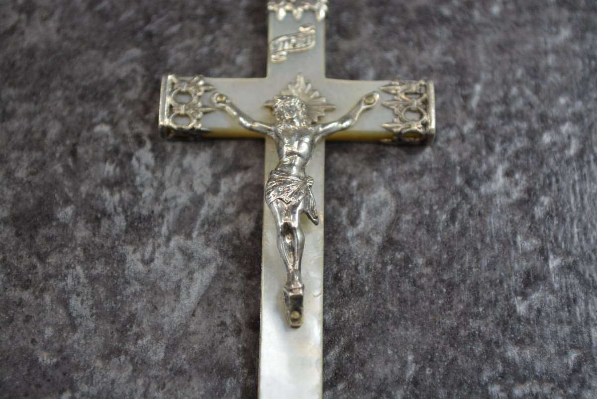 Large Religious Cross In Mother-of-pearl And Sterling Silver-photo-3