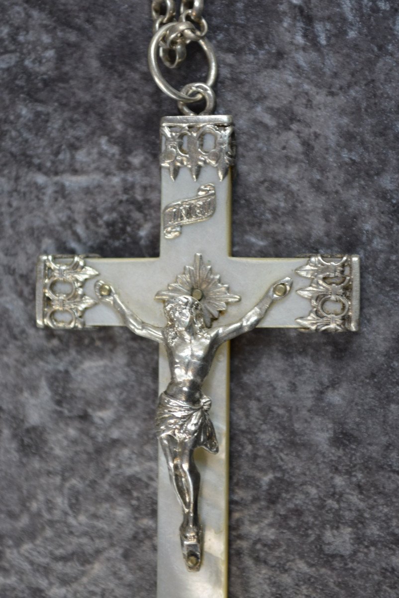 Large Religious Cross In Mother-of-pearl And Sterling Silver