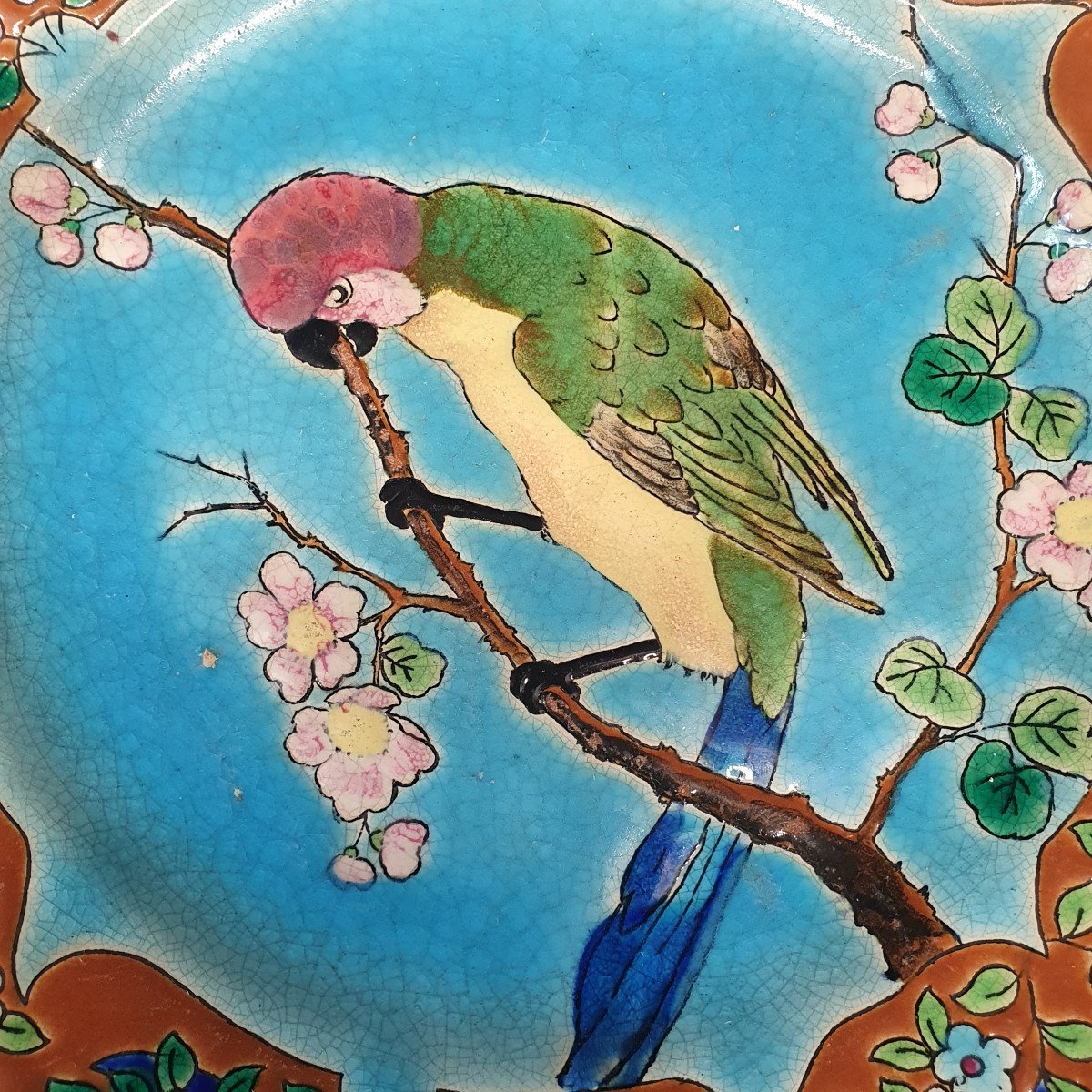 Beautiful Longwy Enamel Plate With Parrot Decor-photo-4