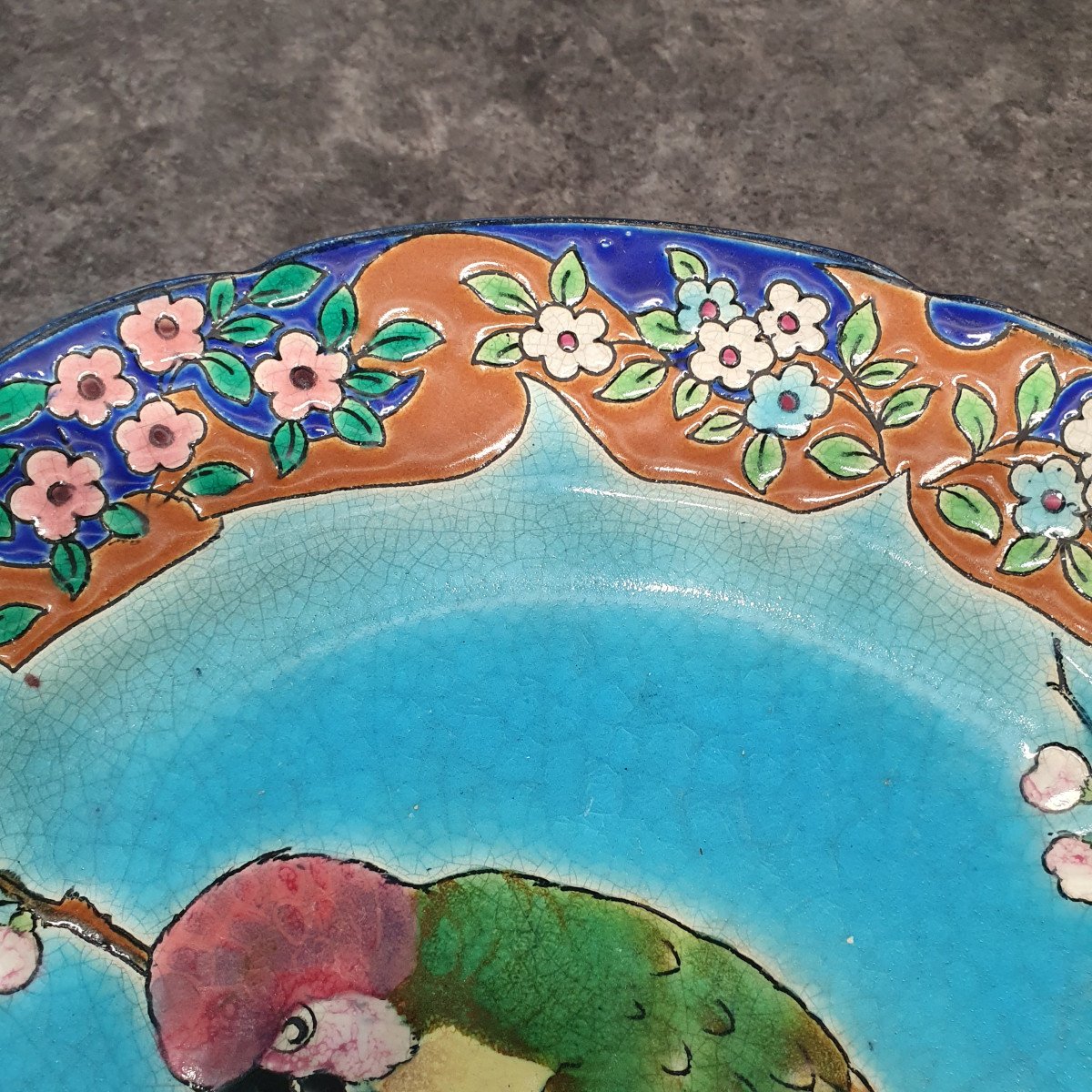 Beautiful Longwy Enamel Plate With Parrot Decor-photo-1