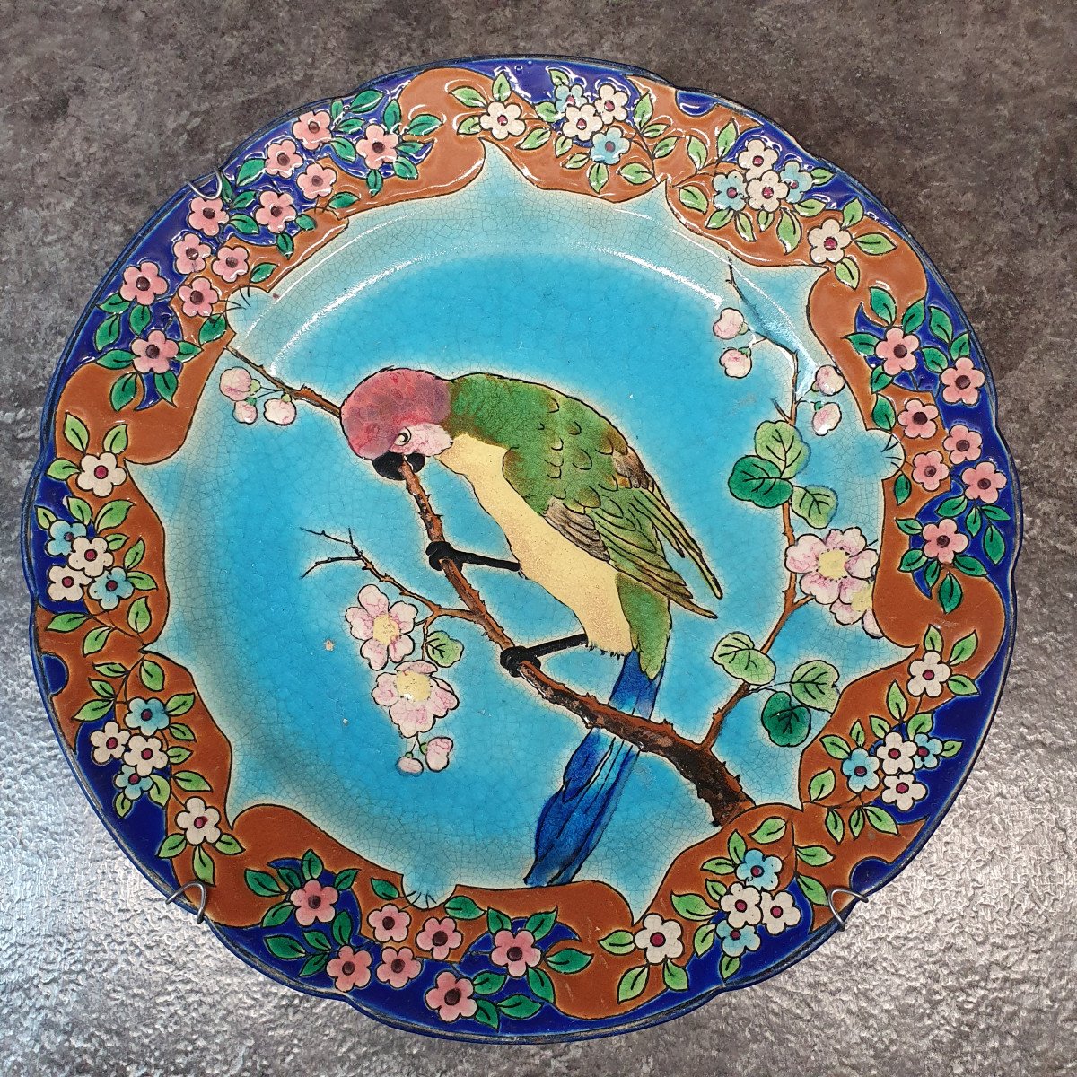 Beautiful Longwy Enamel Plate With Parrot Decor