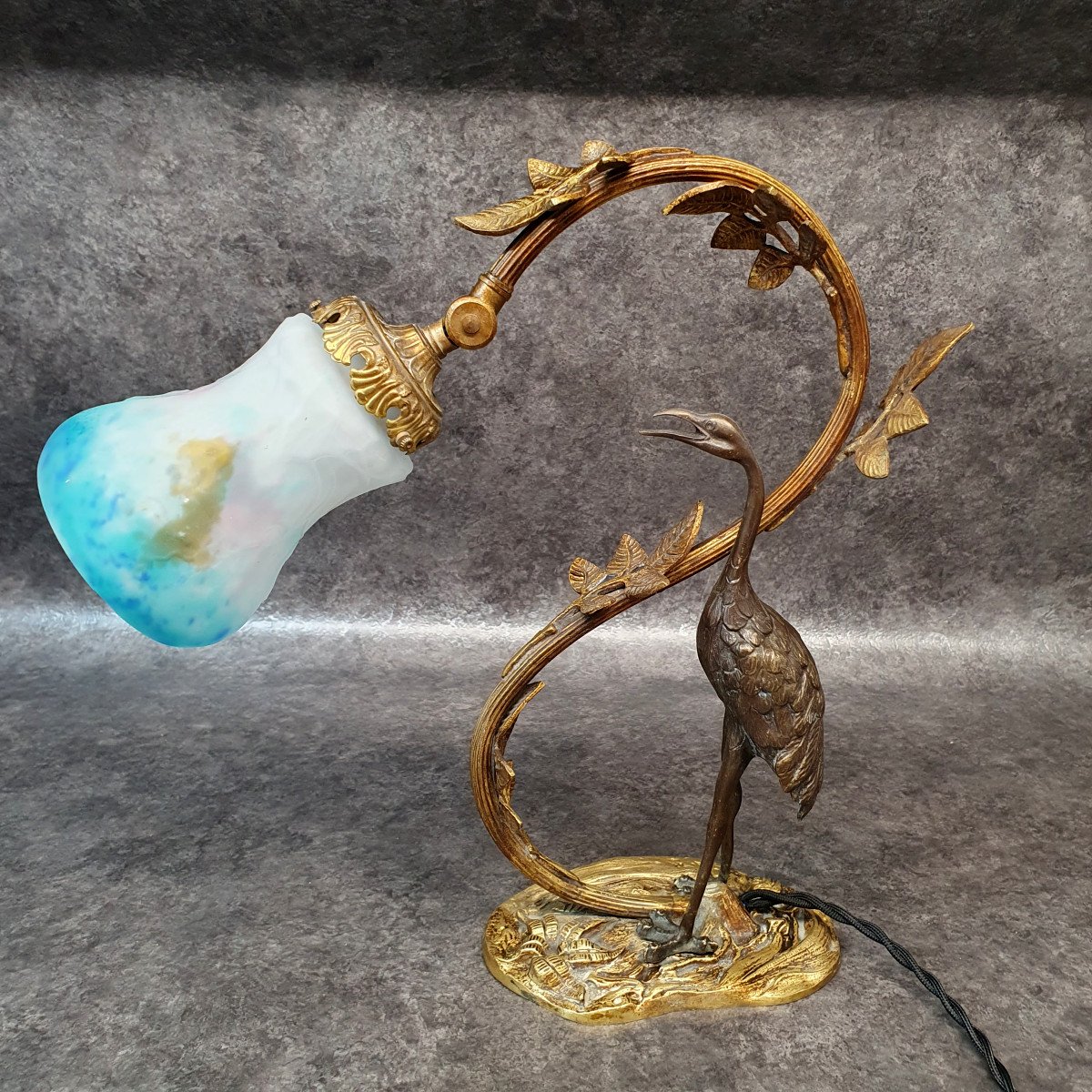 Lampe En Bronze Héron Et Pate De Verre Muller Freres Lunéville-photo-1