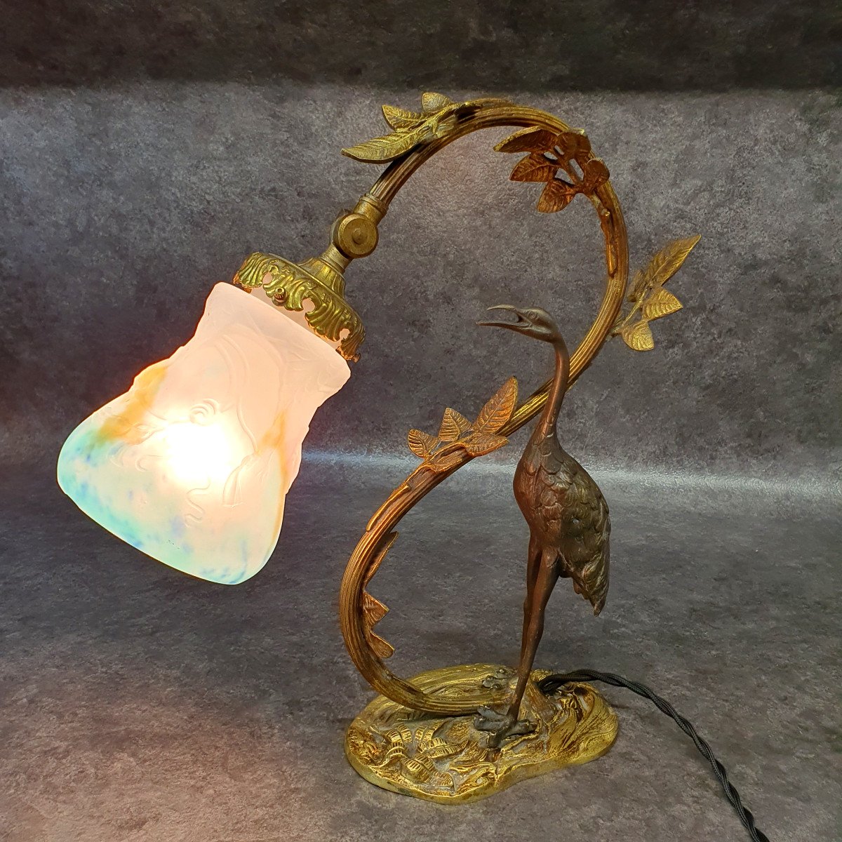 Lampe En Bronze Héron Et Pate De Verre Muller Freres Lunéville-photo-7