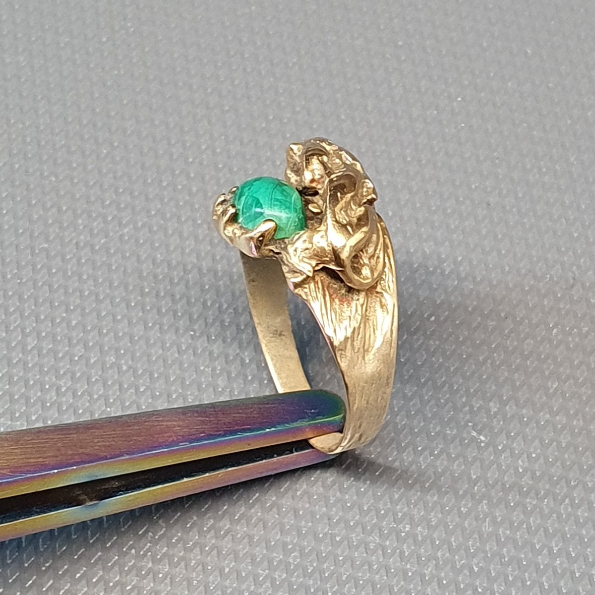 Rare Bague Bronze Lion Et Malachite-photo-3