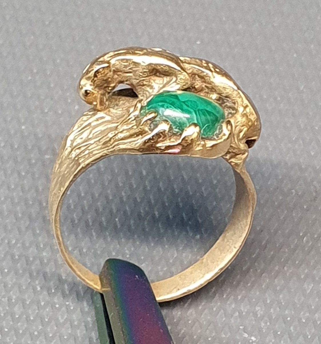 Rare Bague Bronze Lion Et Malachite