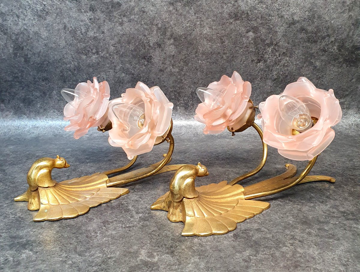 Charles Ranc - Pair Of Art Deco Bronze Wall Lights With Bird Of Paradise Decor-photo-1