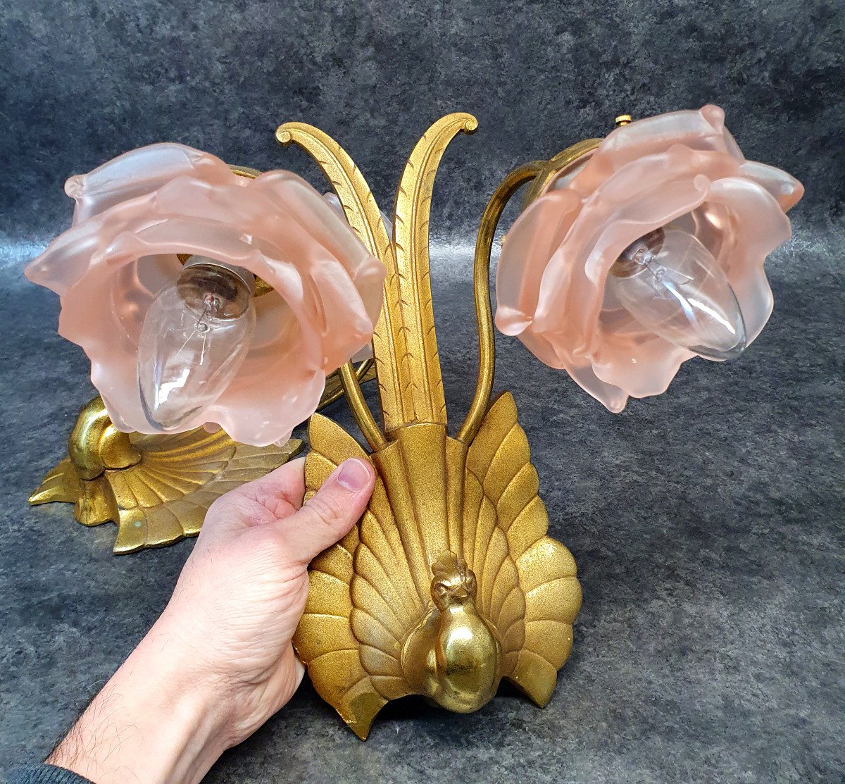 Charles Ranc - Pair Of Art Deco Bronze Wall Lights With Bird Of Paradise Decor-photo-2