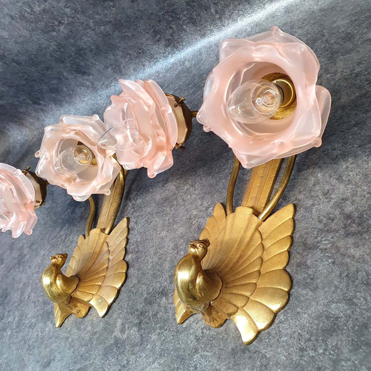 Charles Ranc - Pair Of Art Deco Bronze Wall Lights With Bird Of Paradise Decor