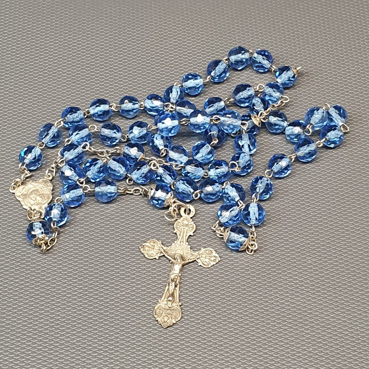 Silver Rosary And Blue Faceted Ball