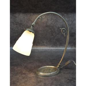 Lampe En Bronze Art Deco Décor Ange Et Pate De Verre Muller