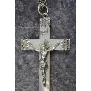 Large Religious Cross In Mother-of-pearl And Sterling Silver
