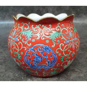 Red Enameled Copper Purse With Dragon Decor