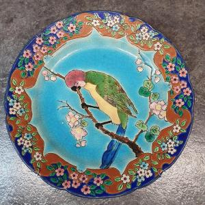 Beautiful Longwy Enamel Plate With Parrot Decor