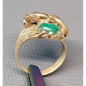 Rare Bague Bronze Lion Et Malachite