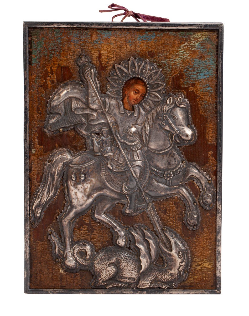 A Russian Wood Icon In Silver Riza “st. George And The Dragon”