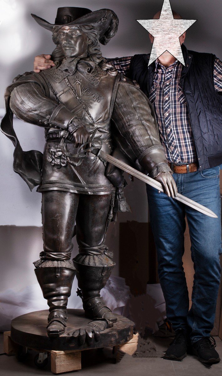 Bronze Sculpture Of A Musketeer In Full Human Growth. Very Detailed And Well Made.