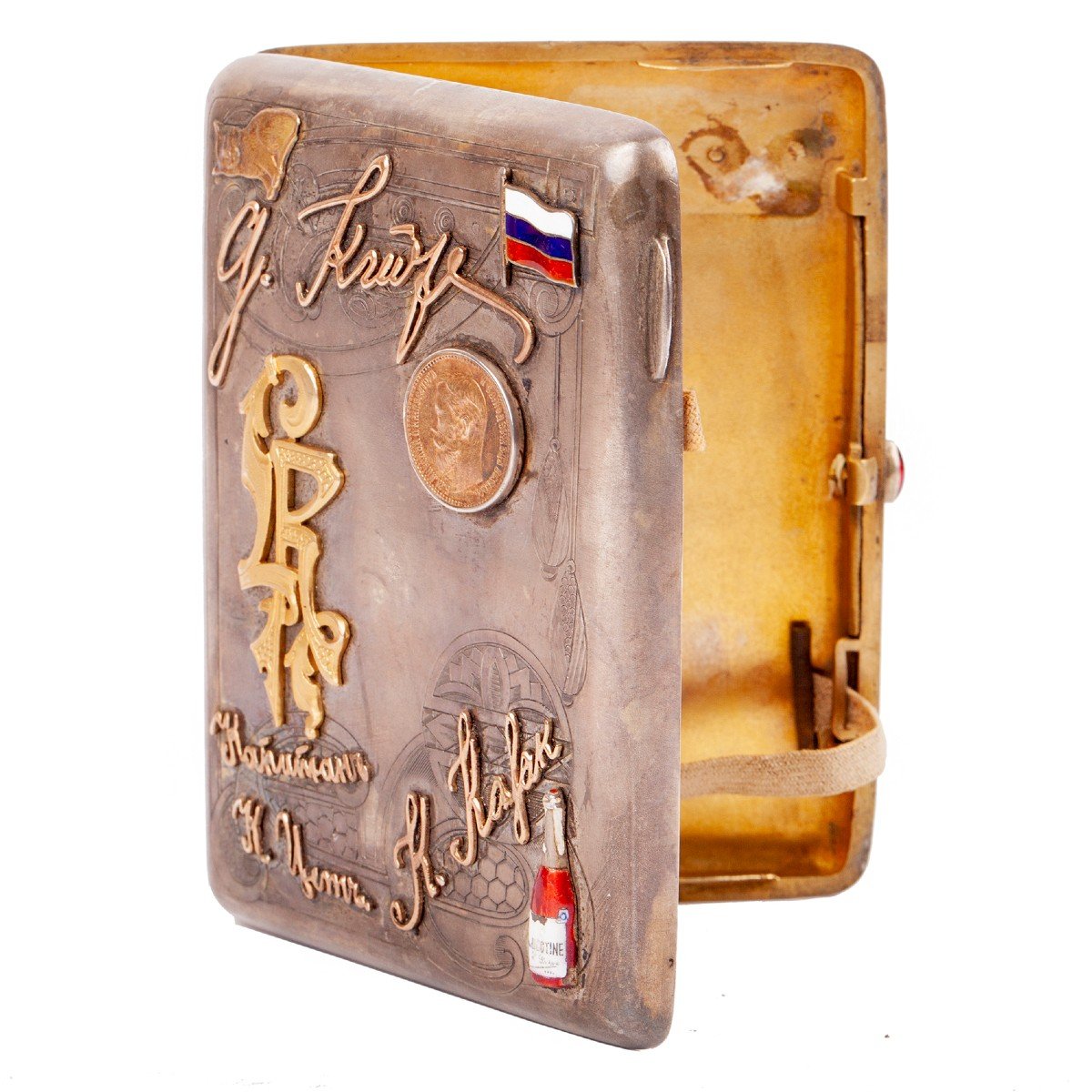 A Russian Silver-gilt Cigarette Case With Gold, Enamel Badges, And 5 Gold Rubles-photo-1