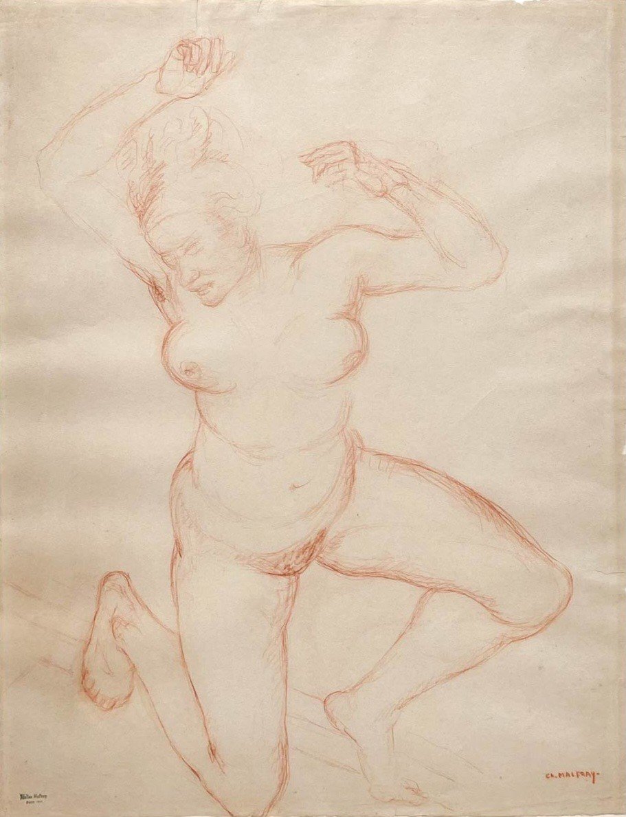 Female Nude, Large Red Chalk Drawing - "danseuse" - Charles Malfray 