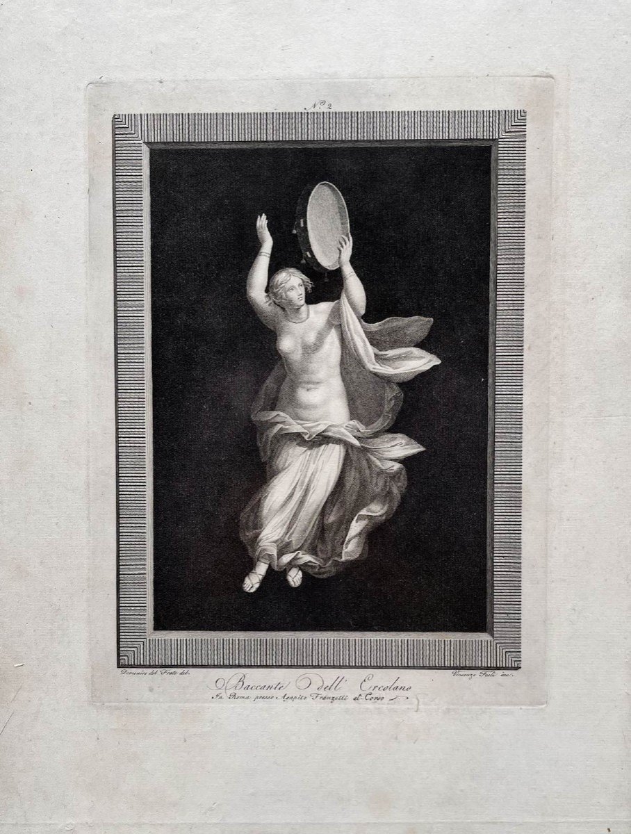 Bacchante jouant du tambour de basque, Rare gravure au burin du XVIIIème siècle par DOMENICO DEL FRATE et  VINCENZO FEOLI