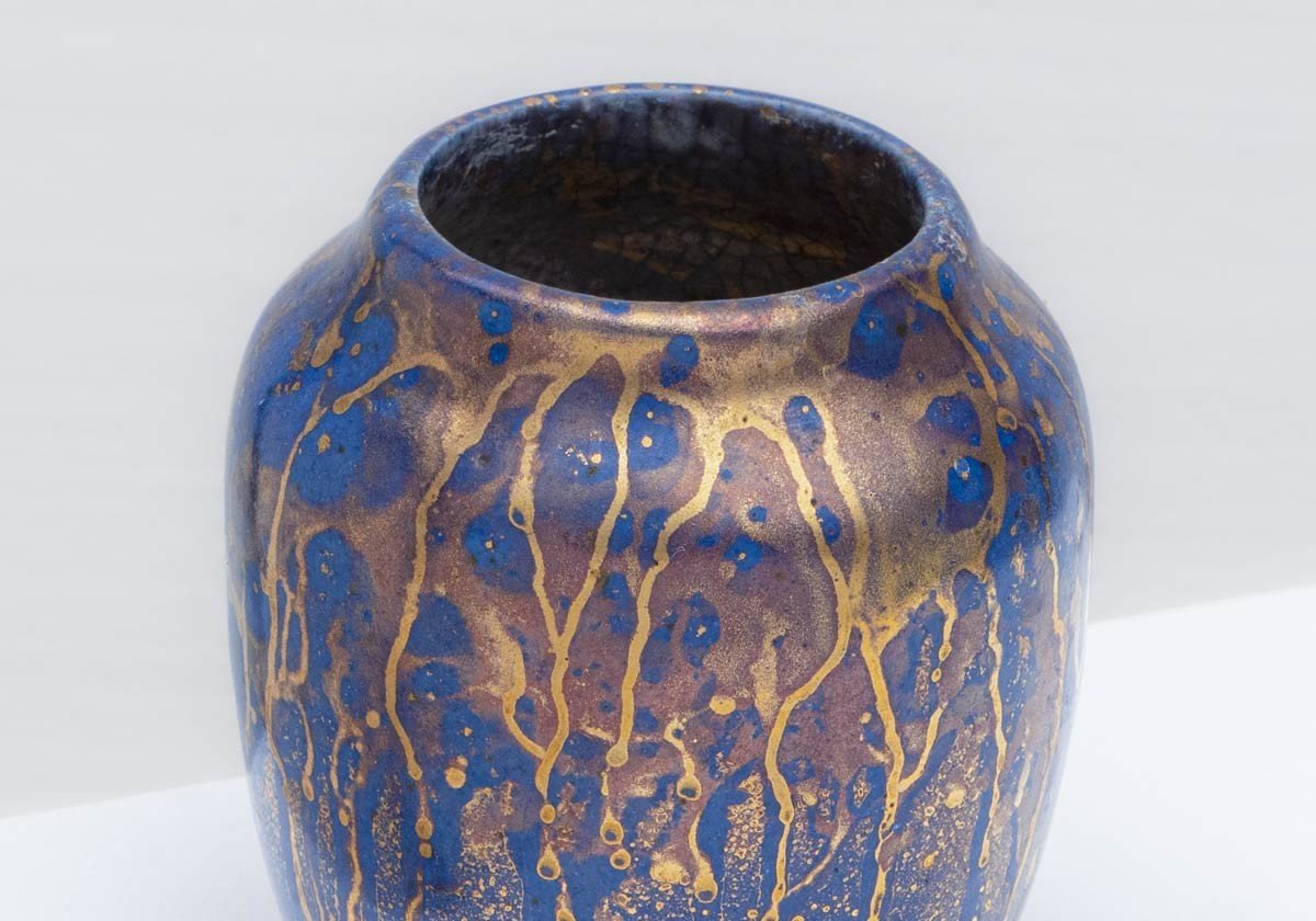 Small « Tea Dust » Vase In Blue Glazed Stoneware With Gold Highlights - Léon Pointu (fontainebleau 1879 - Saint-amand-en-puisaye 1942)-photo-2