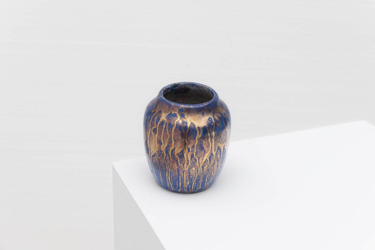 Small « Tea Dust » Vase In Blue Glazed Stoneware With Gold Highlights - Léon Pointu (fontainebleau 1879 - Saint-amand-en-puisaye 1942)-photo-3