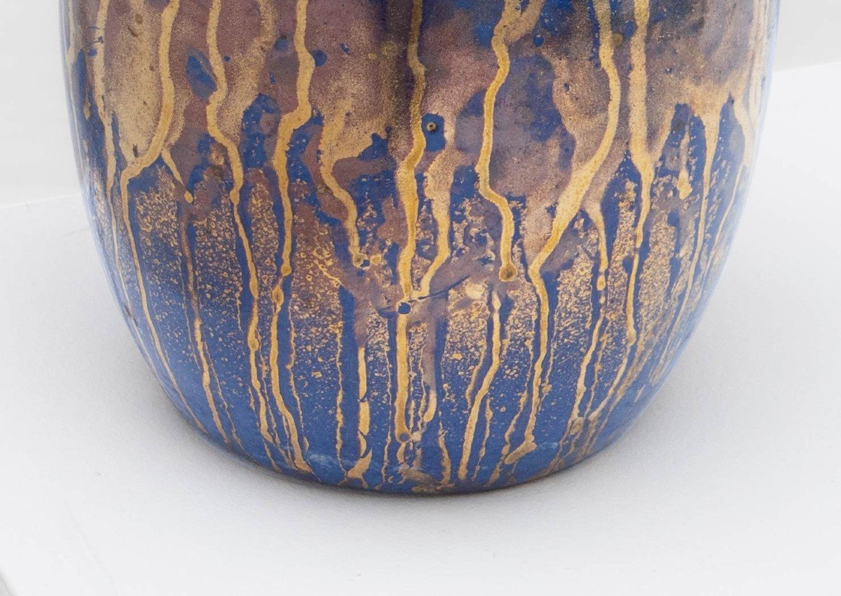 Small « Tea Dust » Vase In Blue Glazed Stoneware With Gold Highlights - Léon Pointu (fontainebleau 1879 - Saint-amand-en-puisaye 1942)-photo-4