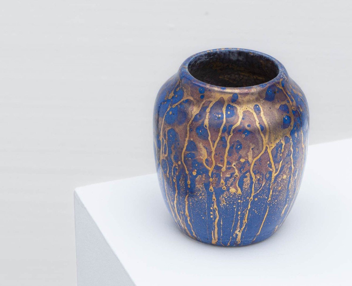 Small « Tea Dust » Vase In Blue Glazed Stoneware With Gold Highlights - Léon Pointu (fontainebleau 1879 - Saint-amand-en-puisaye 1942)-photo-2