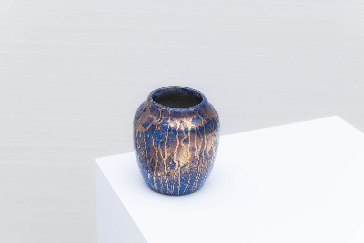 Small « Tea Dust » Vase In Blue Glazed Stoneware With Gold Highlights - Léon Pointu (fontainebleau 1879 - Saint-amand-en-puisaye 1942)-photo-3