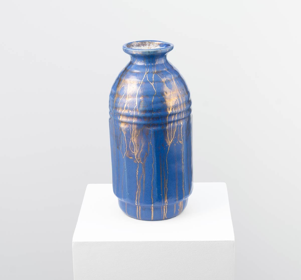 Stoneware Vase With Cut Sides, Blue Glaze With Gold Drips - Léon Pointu (1879-1942) - French Ceramist-photo-2