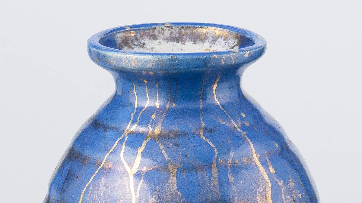 Stoneware Vase With Cut Sides, Blue Glaze With Gold Drips - Léon Pointu (1879-1942) - French Ceramist-photo-4