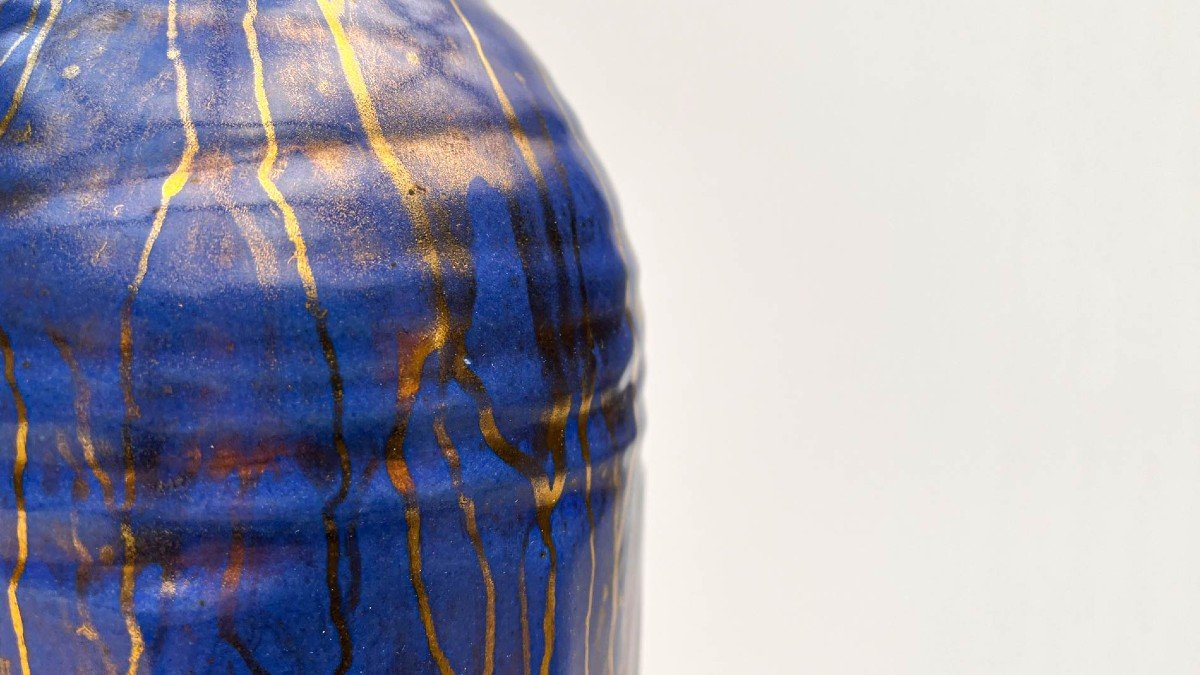 Stoneware Vase With Cut Sides, Blue Glaze With Gold Drips - Léon Pointu (1879-1942) - French Ceramist-photo-1