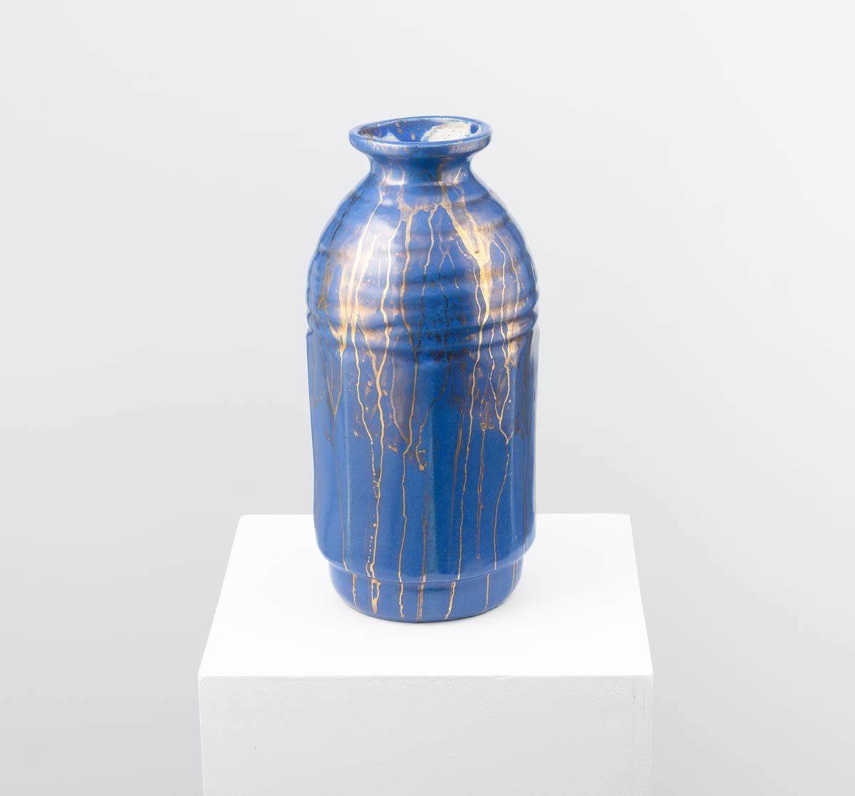 Stoneware Vase With Cut Sides, Blue Glaze With Gold Drips - Léon Pointu (1879-1942) - French Ceramist-photo-2