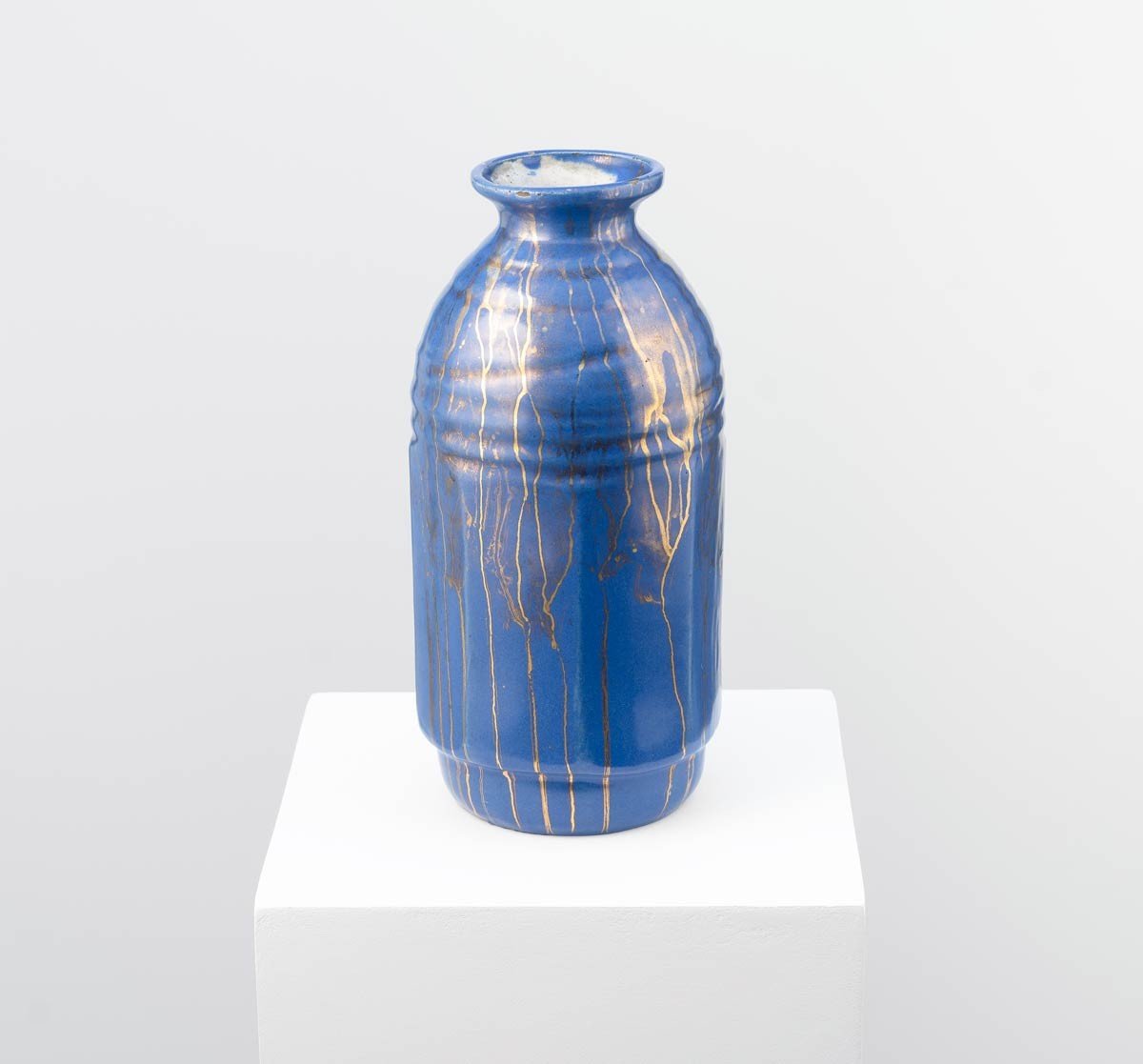 Stoneware Vase With Cut Sides, Blue Glaze With Gold Drips - Léon Pointu (1879-1942) - French Ceramist