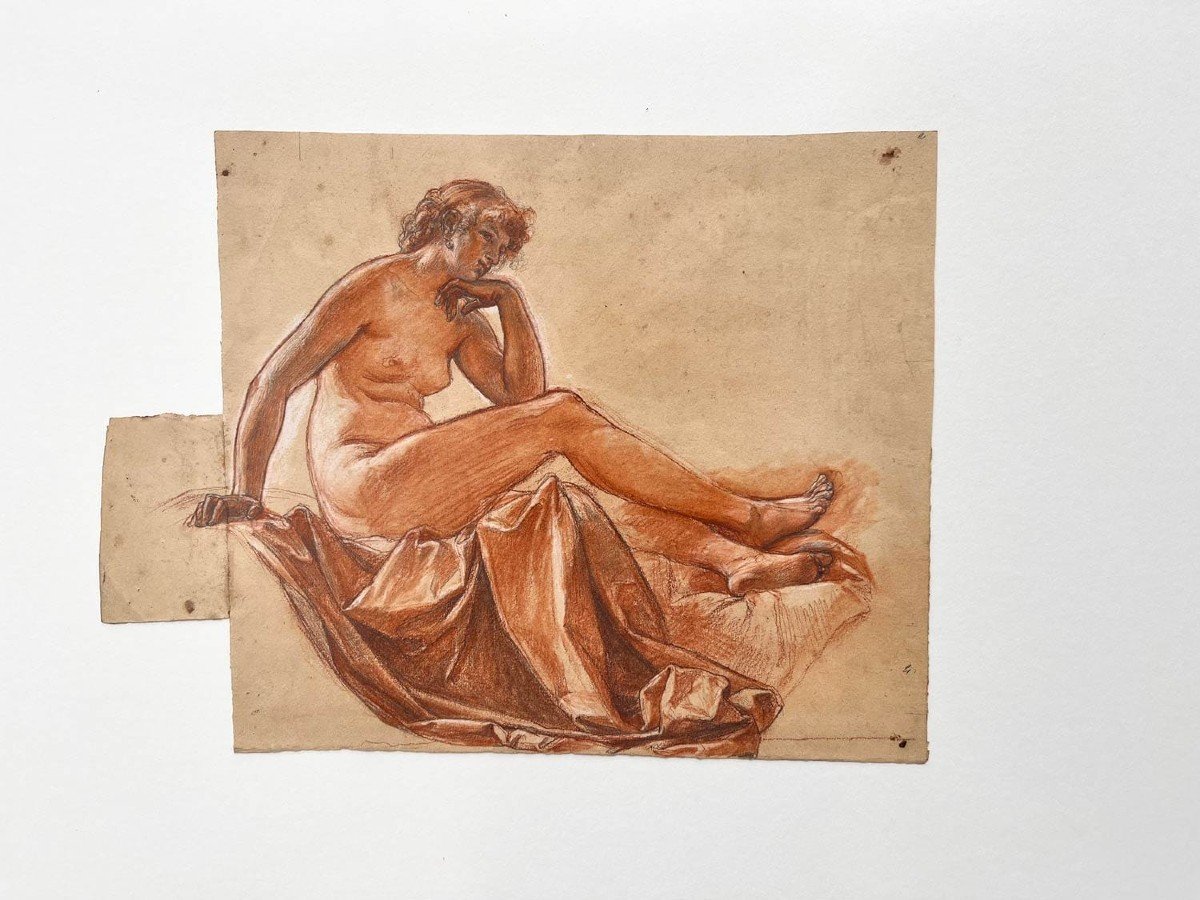 Preparatory Drawing With Three Pencils - Female Nude With Pearl - Alexis-joseph Mazerolle-photo-3