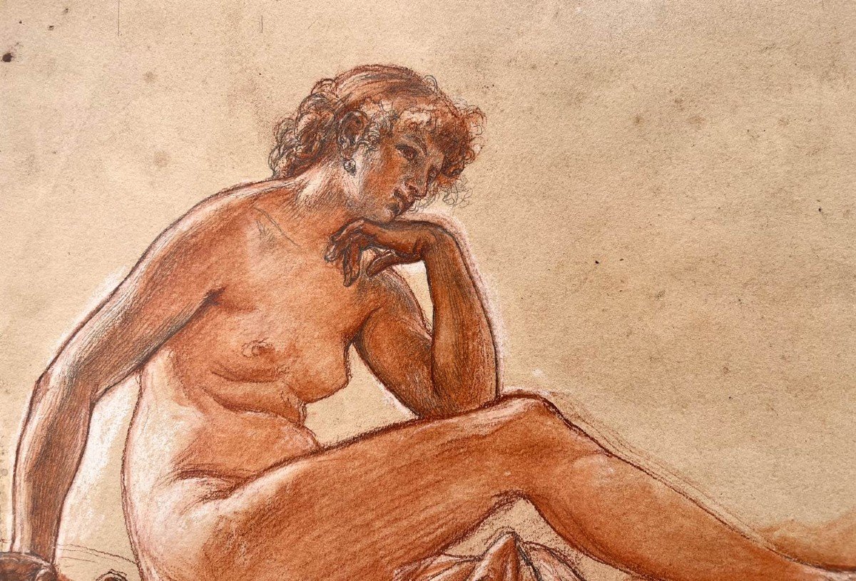 Preparatory Drawing With Three Pencils - Female Nude With Pearl - Alexis-joseph Mazerolle-photo-2