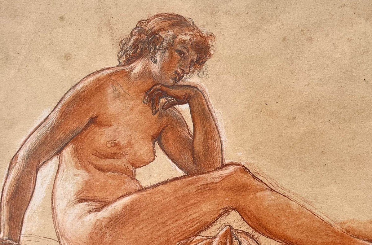 Preparatory Drawing With Three Pencils - Female Nude With Pearl - Alexis-joseph Mazerolle