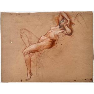 Reclining Nude - Alexis-joseph Mazerolle - Preparatory Drawing In Red Chalk