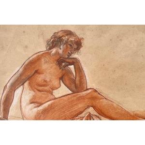 Preparatory Drawing With Three Pencils - Female Nude With Pearl - Alexis-joseph Mazerolle