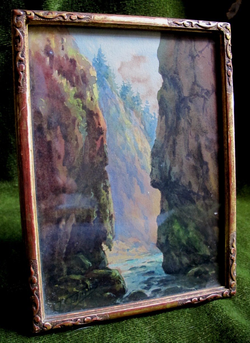 Gouache Paysage De Gorges 