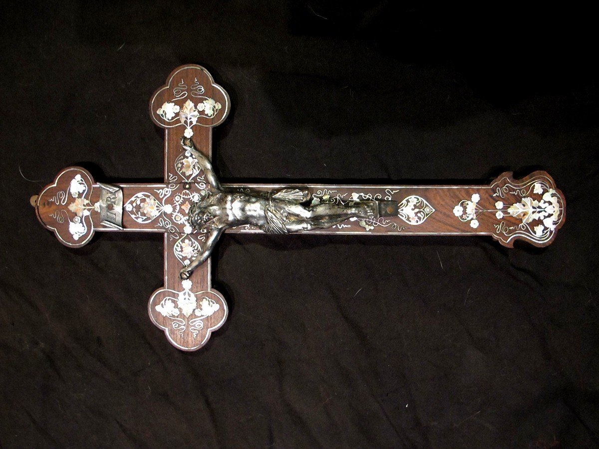 Indochina Tonkin Crucifix Mother Of Pearl And Silver Bronze-photo-2
